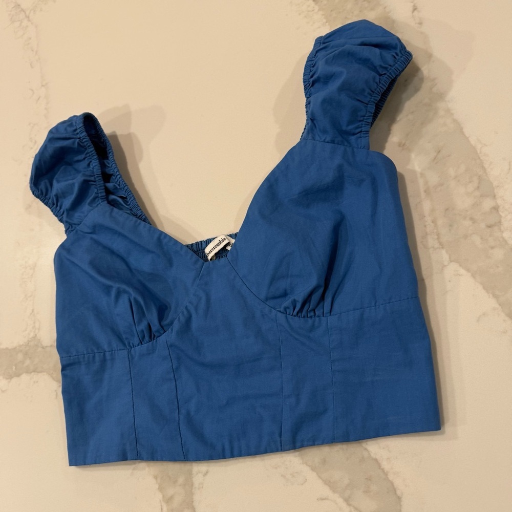 Abercrombie & Fitch Cap Sleeve Poplin Crop Top Women’s Small Royal Blue Smocked - Picture 5 of 9